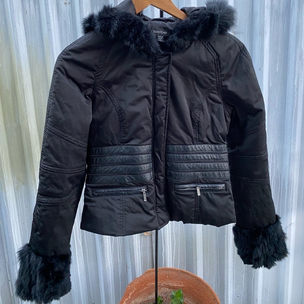 bebe Black real rabbit Fur  leather Trim Puffer Jacket vintage y2k baddie